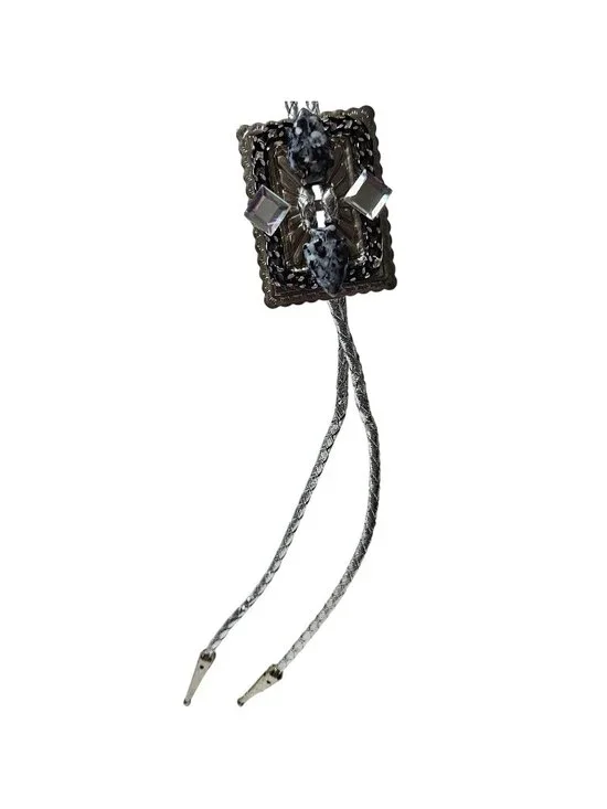 Western Style Bolo Tie Cowboy Black Stone Silver Tone Tips Mens Fashion Jewelry