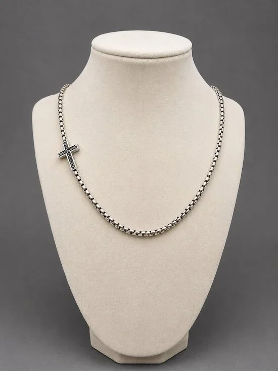 David Yurman Cross Station Necklace w/ Pavé Black Diamonds - 3.6mm - 22