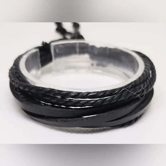 Men's leather bracelet‎ braided layered black new e45