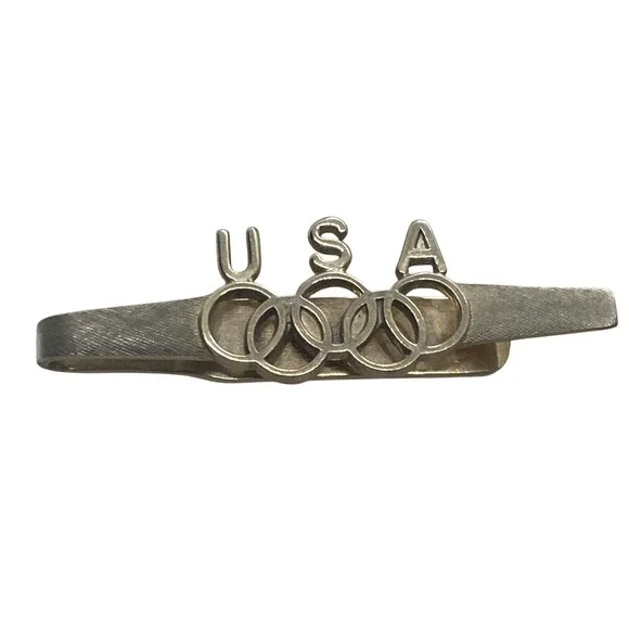 Vintage Dante USA Olympics Tie‎ Bar Gold Tone Metal Retro Minimalist Mens