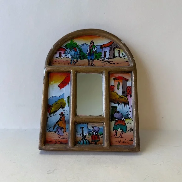 Vintage Peru Folk Art Painted Mirror Wood Frame Wall Hanging Handcrafted Decor