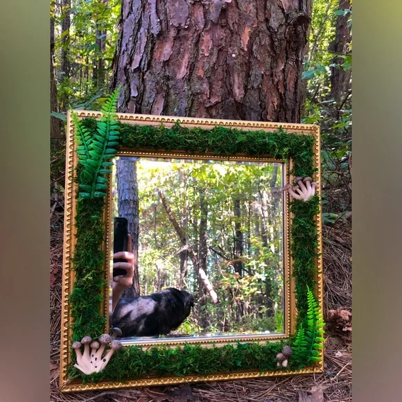 Square vintage fairy moss mushroom mirror