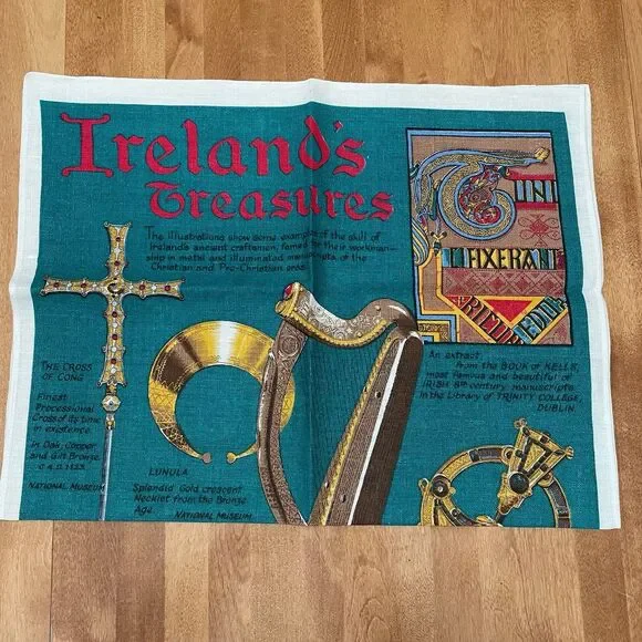 Vintage Decorative Irish Pure Linen Tea Towel Ireland's Treasures & Artifacts