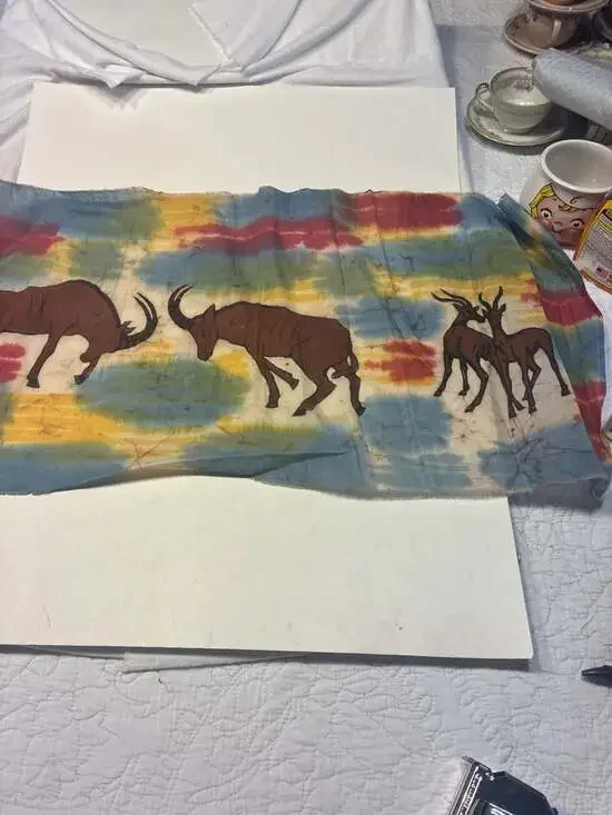Vintage Hand-Dyed African Batik Fabric Wall Hanging with Antelope Motif