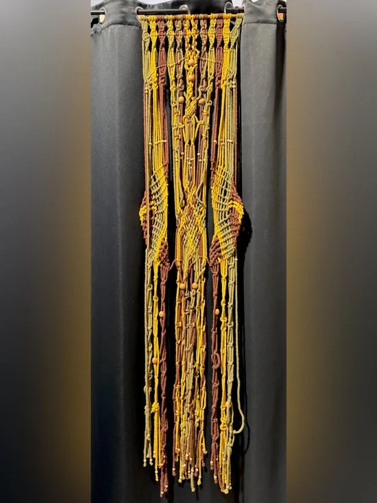 Vintage Handmade Macrame Wall Hanging 18” x 78” Hippie Boho Chic Brown 1970s