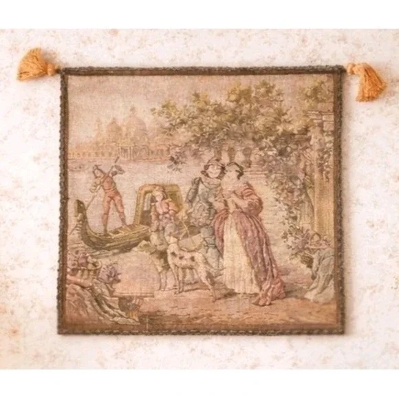 VTG Tapestry Wall  Romantic Scene Dogs Tassels Cottagecore Ready 2 Hang SZ 20x20