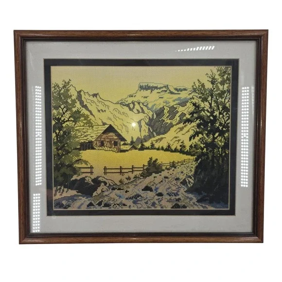 Vintage Handmade Mountain Cabin Landscape Cross Stitch Tapestry‎ Framed 14x16