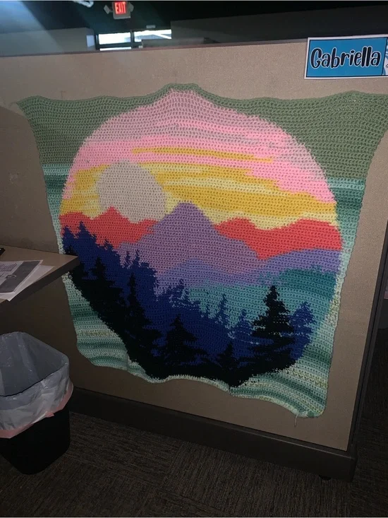 Handmade Crochet Mountain Sunset Tapestry Blanket - Multicolor