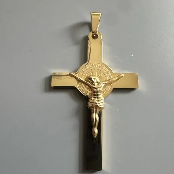 Gold Tone Cross Jesus Pendant 24” Chain Christ Stainless Steel Catholic Gift