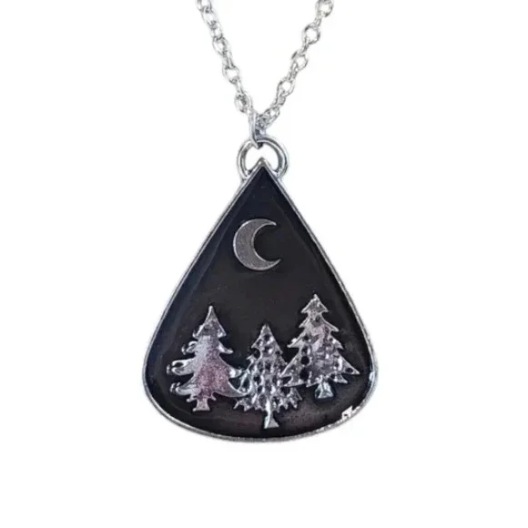 Tear Drop Tree and Moon Pendant Necklace with Chain