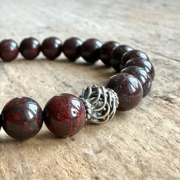 Burgundy Jasper Gemstone Bracelet Sterling Silver Accent Bead Unisex - 8mm Beads