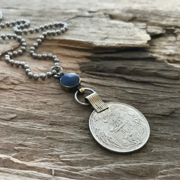Rustic Lapis Lazuli Ethnic Coin Charm Necklace - 30 Inch Chain