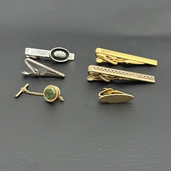 Vintage Mens Tie Clip and Tie Tack Lot 6pc Gold Silver Tone Green Stone Shell
