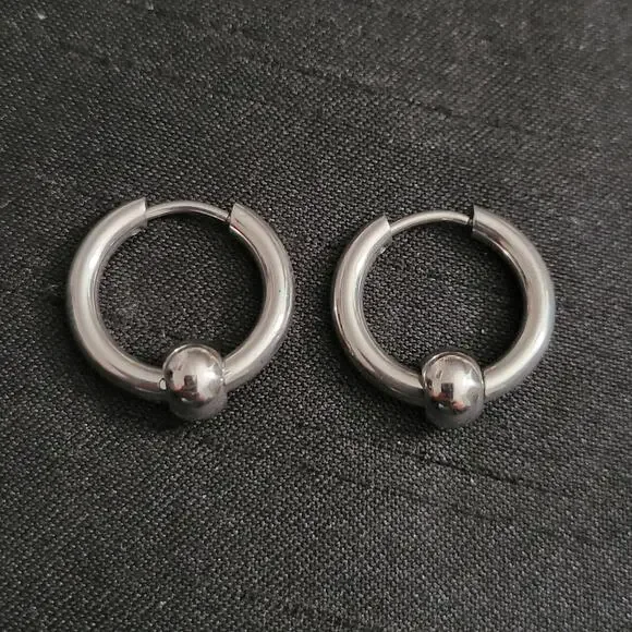 Men's silver stainless steel ball charm mini hoop earrings