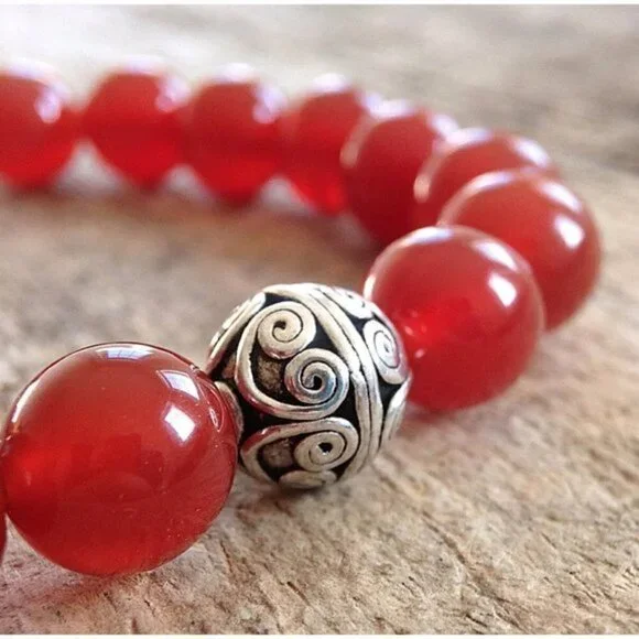 Men's Carnelian Gemstone Stretch Bracelet Sterling Silver Accent - 10mm Beads