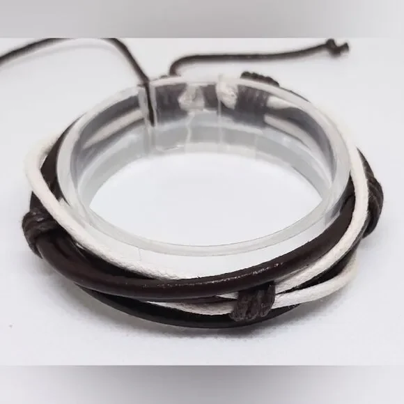 Men's bracelet leather layered brown white‎ New e98