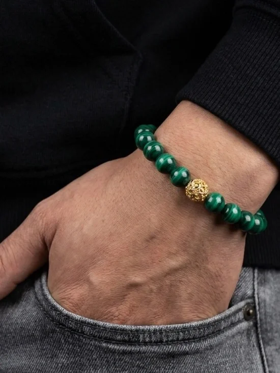 Altius Malachite & Gold Plated Ethiopian Bead Bracelet 10mm Handmade Stretch 7