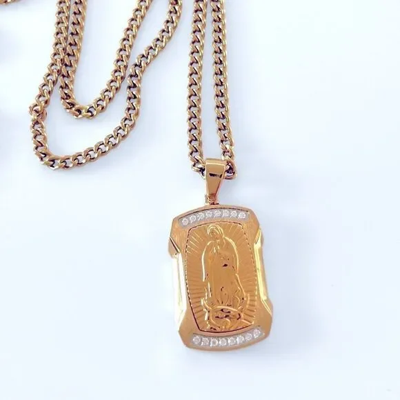 Our Lady Of Guadalupe White Diamond Stainless Steel Dog Tag Pendant Necklace