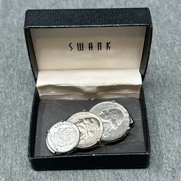 Vintage Swank 3 Coin Money Clip Genuine US 1946 Dime 1964 Nickel & Quarter w/Box