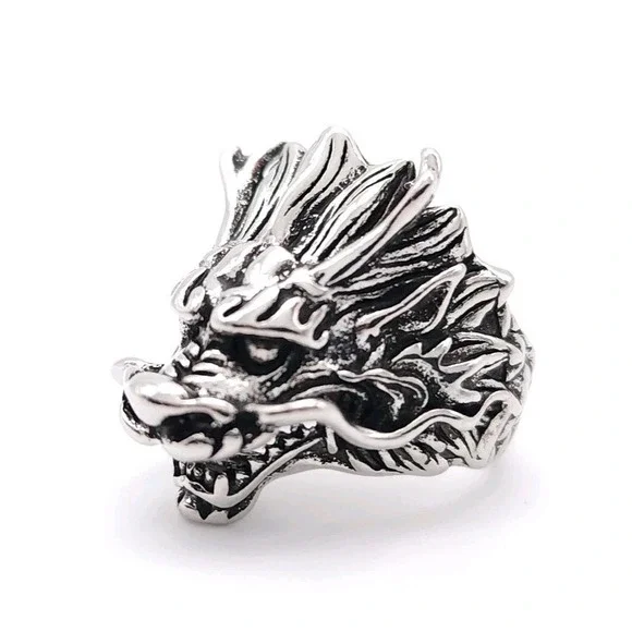 Gothic Dragon Head Ring Silver Plated Adjustable Fantasy Unisex Jewelry‎