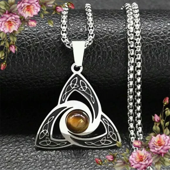 Viking Trinity Knot Necklace Stainless Steel Tiger Eye Witch‎ Irish Celtic