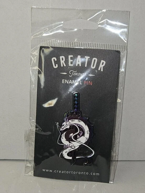 Creator Toronto Enamel Pin, white and purple dragon Around A Katana Sword Blade