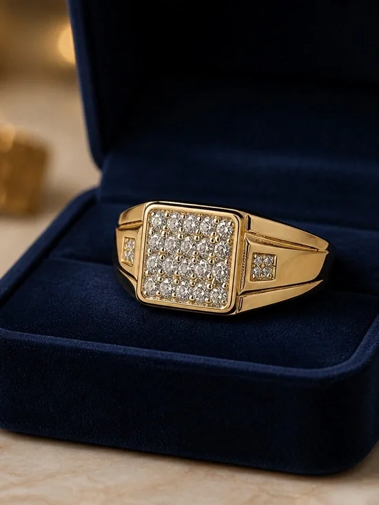 Gold Square Signet Ring for Men - Gold 925 Silver, 2.50 CTW  Moissanite Sz12