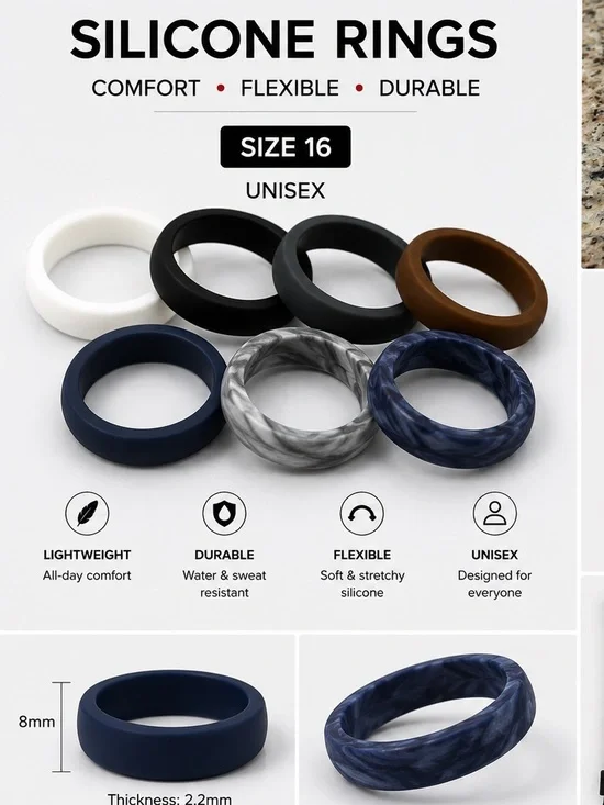 7pc Size 16 Silicone Ring Set in White, Black, Brown, Navy & Marbled Blue