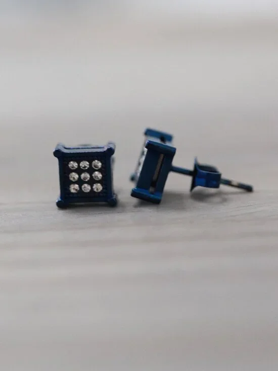 7mm Square CZ Micro Pave Style 4-Prong Stud Earrings Blue Stainless Steel