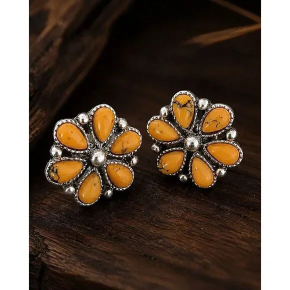 Yellow Cluster Flower Stud Earrings, Faux Spiny Oyster - Petite