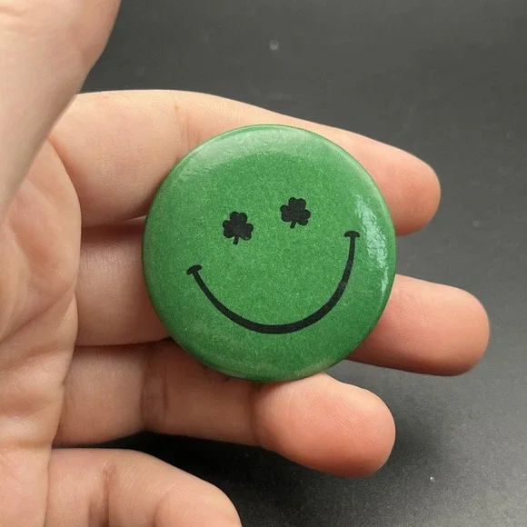 Shamrock Four Leaf‎ Clover Smiley Face Button Pin