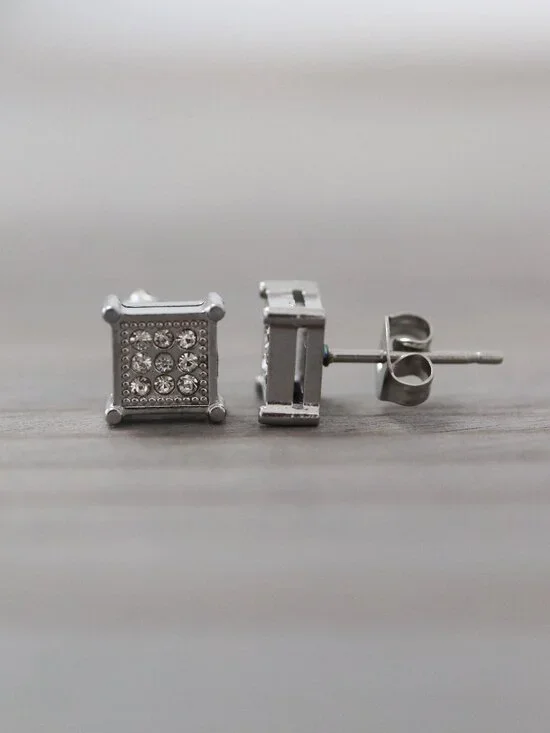 7mm Square CZ Micro Pave Style 4-Prong Stud Earrings Silver Stainless Steel