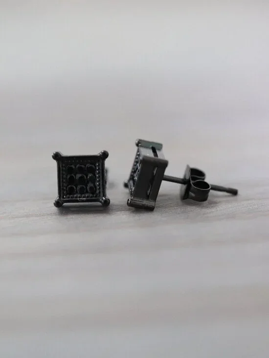 7mm Square CZ Micro Pave Style 4-Prong Stud Earrings Black Stainless Steel