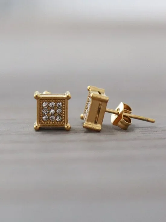7mm Square CZ Micro Pave Style 4-Prong Stud Earrings 18k Gold Plated Stainless S