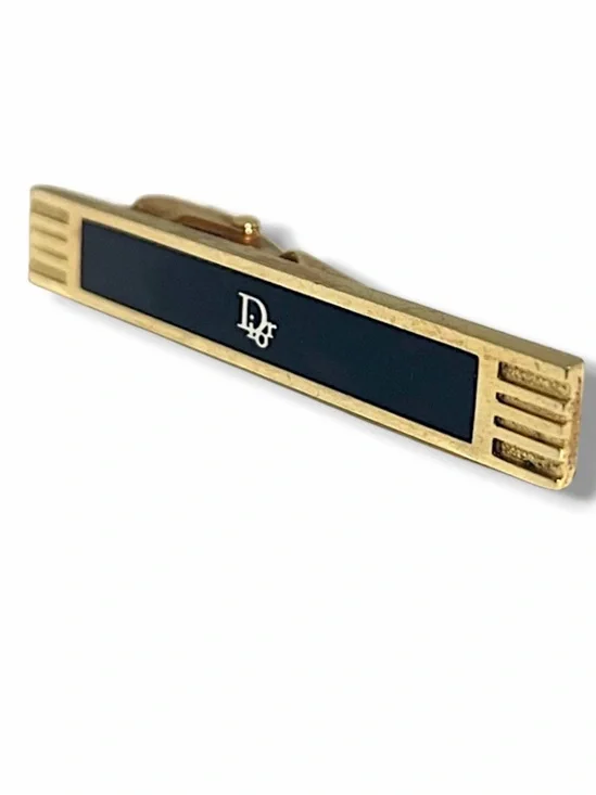 Vintage Christian Dior Monsieur Germany Black Enamel Gold CD Logo Tie Clip Bar
