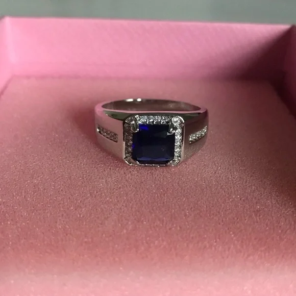Sterling Silver Ring with Square Deep Blue Center Stone