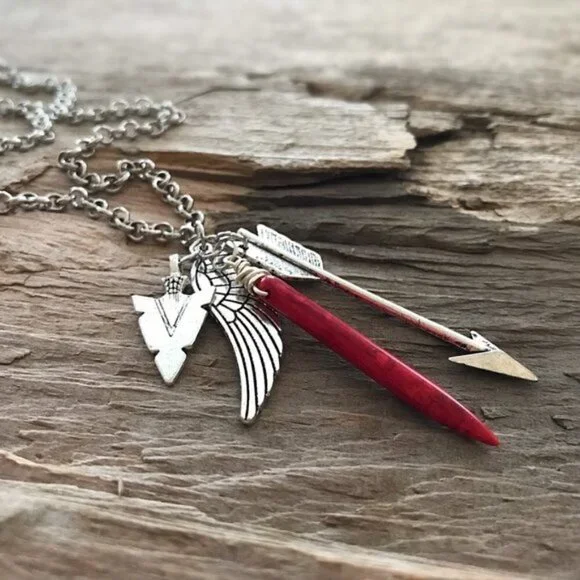 Red Spike Silvertone Charm Necklace - 24 Inch Chain