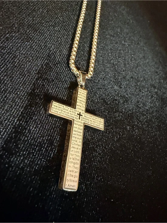 Lord’s Prayer Stainless Steel Cross Pendant w/ 24in white gold filled Cube chain