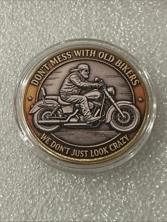 Don’t Mess With Old Bikers Round Metal Coin - Brown/Gold