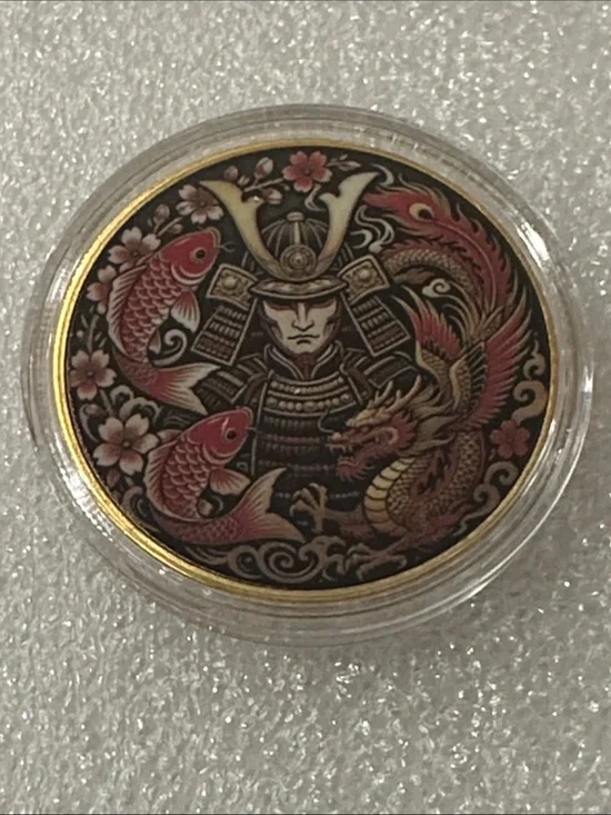 Samurai Dragon & Koi Decorative Coin — Black, Red, Gold