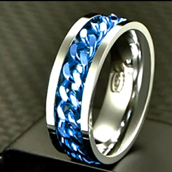 NEW Men's Stainless Steel Spinning Chain Ring Silver and Blue