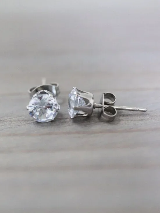 6mm Clear CZ Diamond Style 6-Prong Stud Earrings Silver Stainless Steel