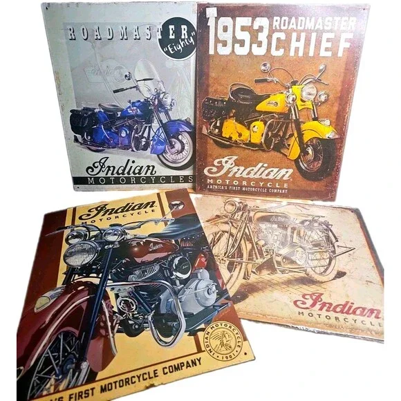 Indian Motorcycle Tin Sign Lot of 4 Chief Roadmaster Garage Man Cave USA