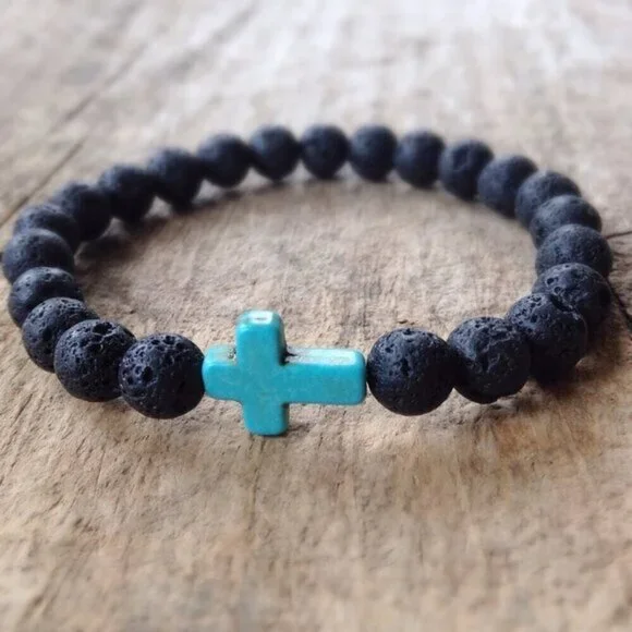 Turquoise Cross Black Lava Stone Beaded Bracelet 8mm Beads - Size 8 Inches