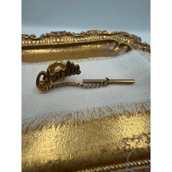 Vintage Charlie Name Tie Tack Gold Tone Script‎ Personalized Mens Accessory