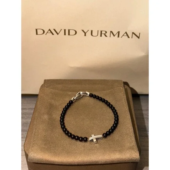 David Yurman Mens 4mm Black Onyx Spiritual Beads Cross Bracelet Sterling Silver