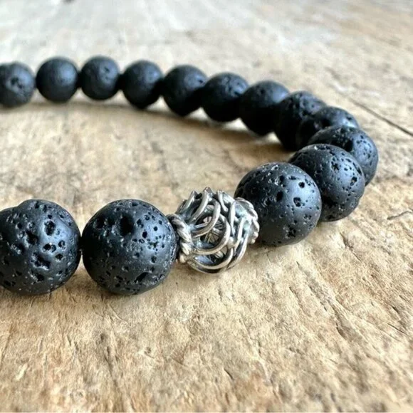 Black Lava Stone Stretch Bracelet Sterling Silver Accent Bead Unisex - 8mm Beads