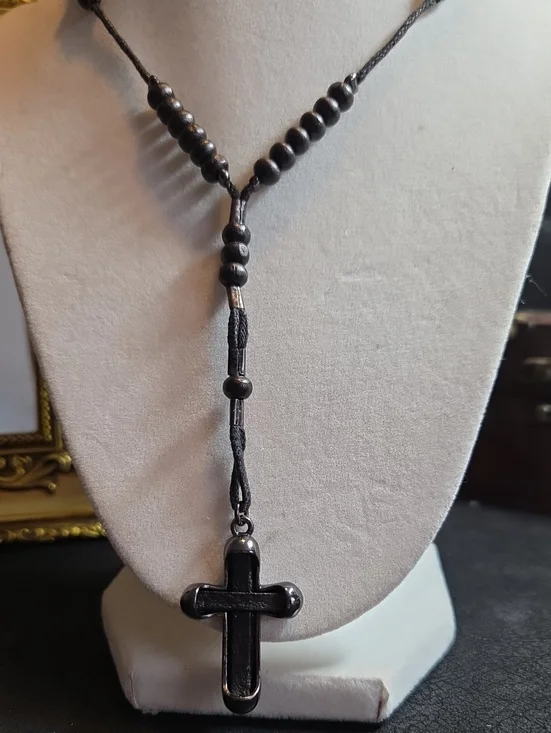 G By Guess Black Cord And Beads Necklace With Black Cross And Leather Insert