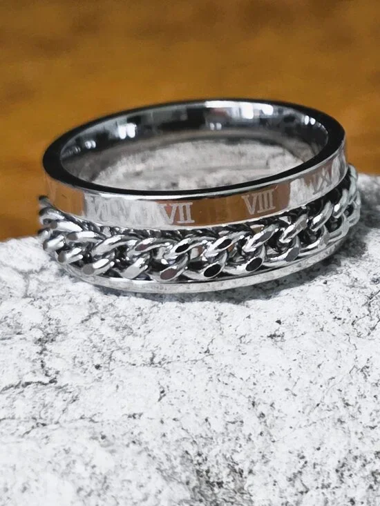 NEW! Stainless Steel Spinner Ring w/Braided Chain Fidget Band & Roman Numerals