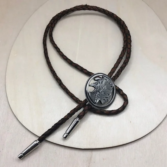 Vintage Native American Indian Chief Coin Like Leather Bolo Tie Necklace